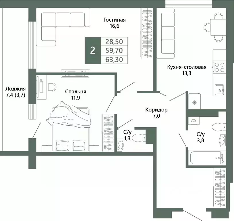 2-к кв. Кемеровская область, Кемерово 64-й мкр, Лучи жилой комплекс ... - Фото 2