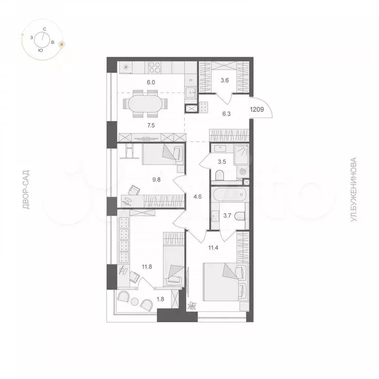 3-к. квартира, 69,1 м, 12/12 эт. - Фото 0