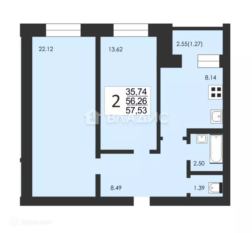 Продаётся 2-к квартира, 57.53 м - Фото 0