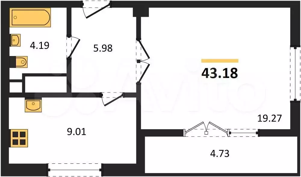 1-к. квартира, 43,2 м, 3/9 эт. - Фото 1