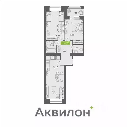 2-к кв. Архангельская область, Архангельск Аквилон Роса жилой комплекс ... - Фото 0