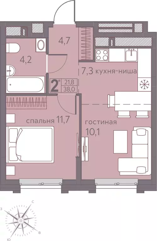 2-к квартира, 38 м - Фото 0