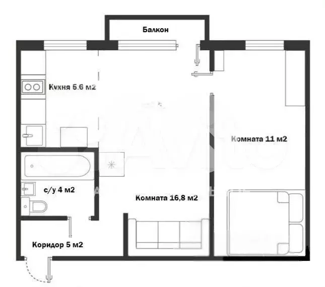 2-к. квартира, 42,4 м, 5/5 эт. - Фото 0