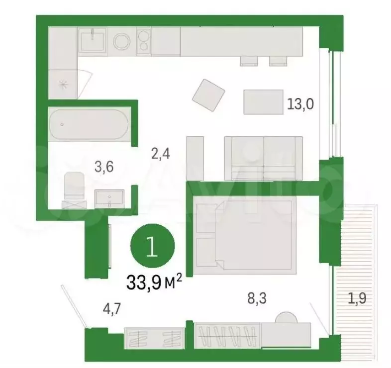 1-к. квартира, 33,5 м, 10/25 эт. - Фото 1