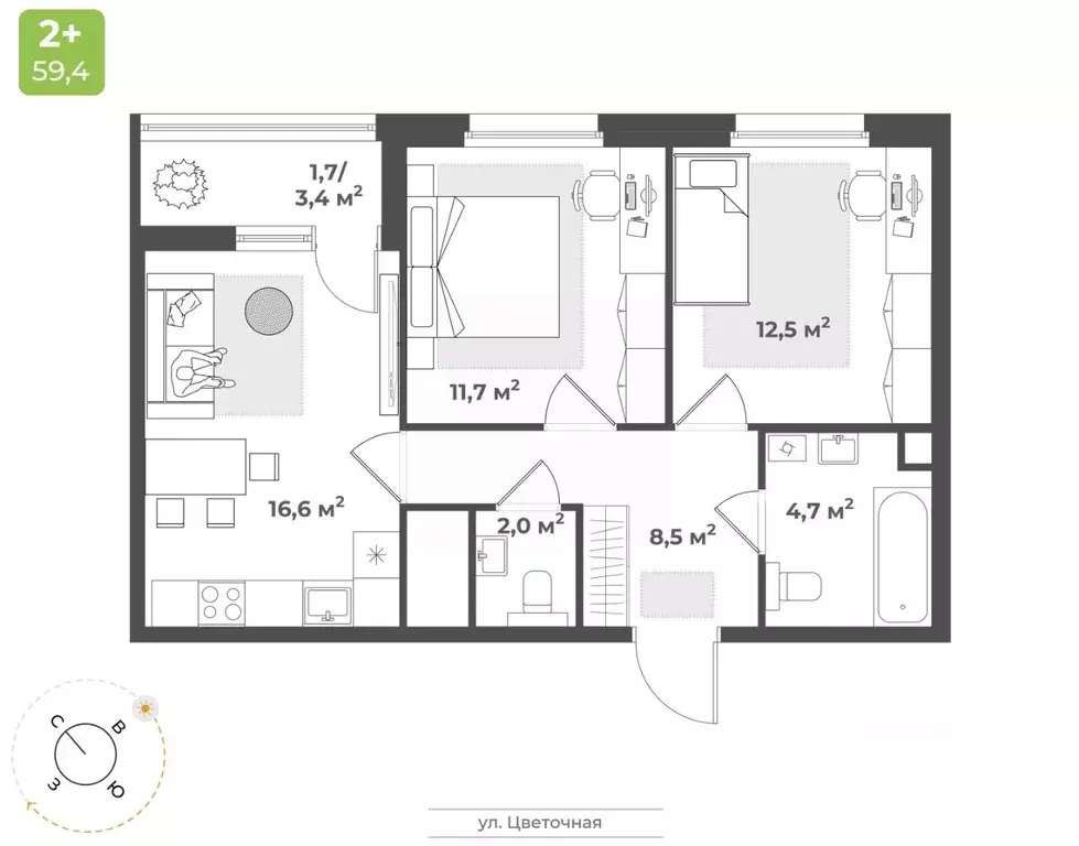 2-к кв. Тверская область, Тверь Соминка мкр,  (57.7 м) - Фото 1