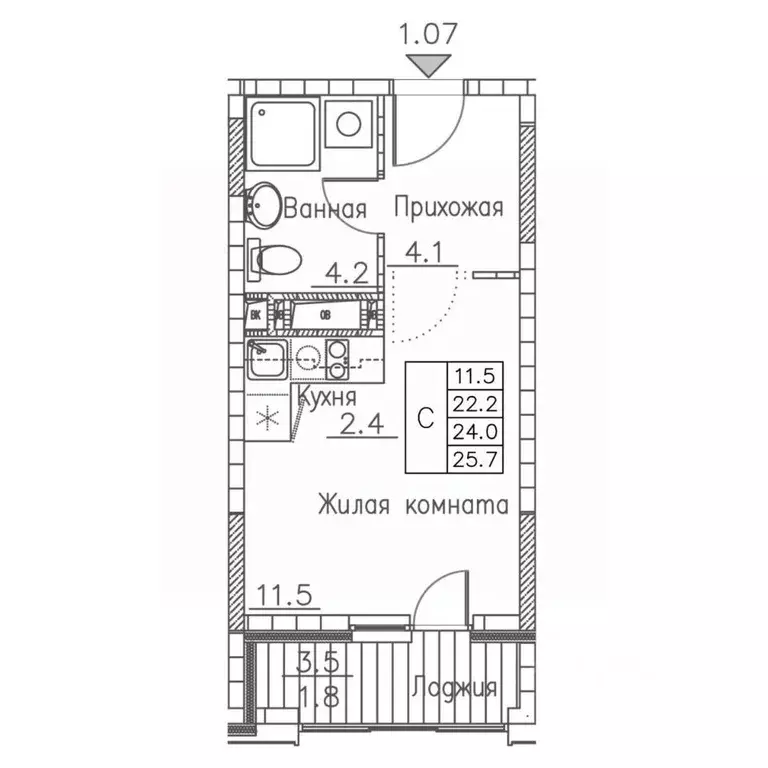 1-к кв. Приморский край, Владивосток ул. Расула Гамзатова, 7к1 (25.7 ... - Фото 2