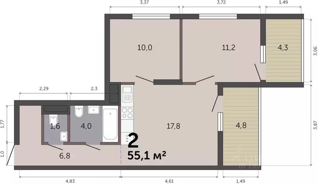 2-к кв. Свердловская область, Екатеринбург Малевич жилой комплекс ... - Фото 1