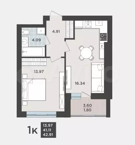 1-к. квартира, 41,1 м, 3/9 эт. - Фото 1