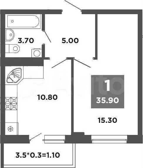1-к. квартира, 35,9 м, 4/9 эт. - Фото 1