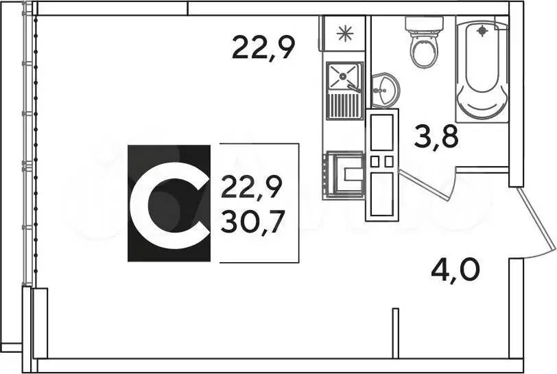 Квартира-студия, 30,7м, 16/16эт. - Фото 1