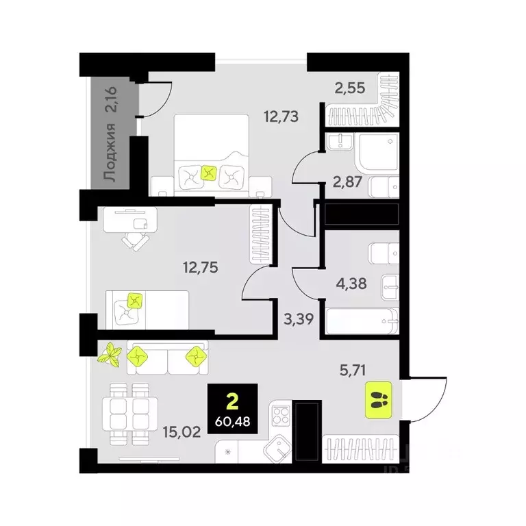 2-к кв. Тюменская область, Тюмень ул. Андрея Приказнова, 1 (60.48 м) - Фото 1