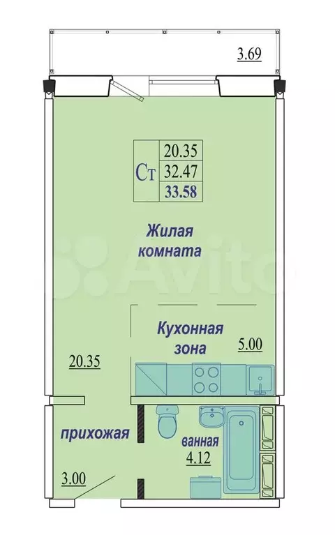 Квартира-студия, 33,6 м, 10/10 эт. - Фото 0