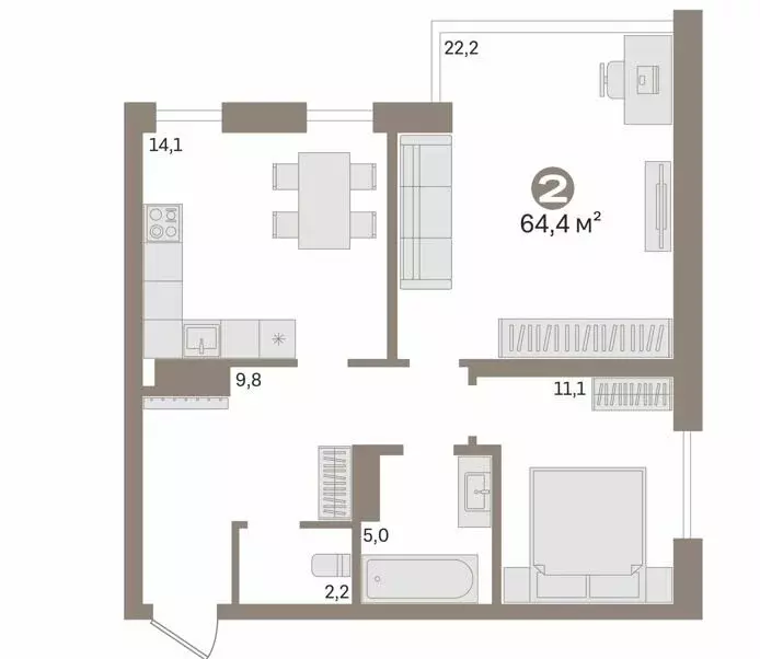 2-комнатная квартира: Тюмень, Тихий проезд, 6 (64.4 м) - Фото 1