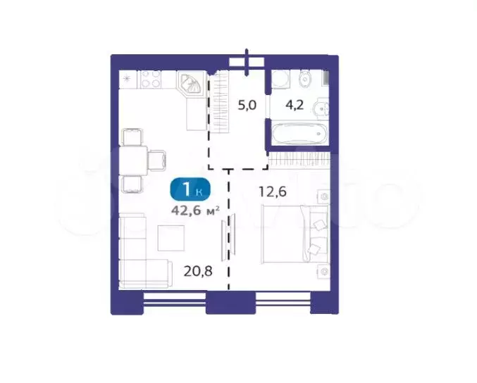 1-к. квартира, 42,6 м, 6/6 эт. - Фото 1