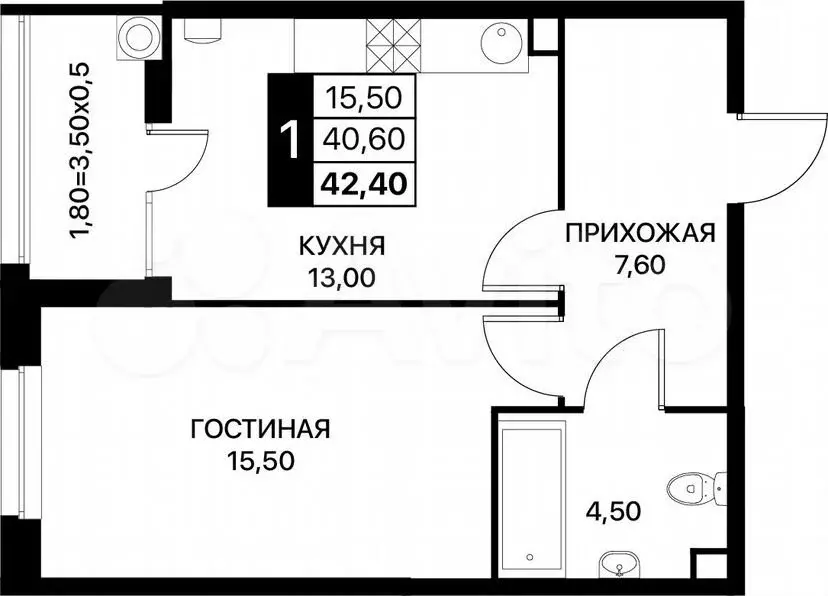 1-к. квартира, 42,4м, 2/18эт. - Фото 0