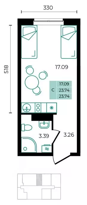 Студия Адыгея, Майкопский район, пос. Тульский ул. Заречная (23.74 м) - Фото 1