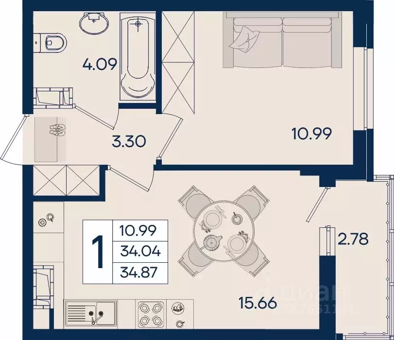 1-к кв. Краснодарский край, Краснодар  (34.87 м) - Фото 1