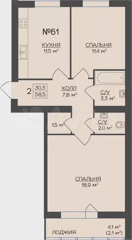 2-к. квартира, 58,5 м, 2/5 эт. - Фото 1