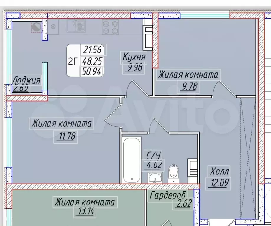 2-к. квартира, 51м, 7/12эт. - Фото 1