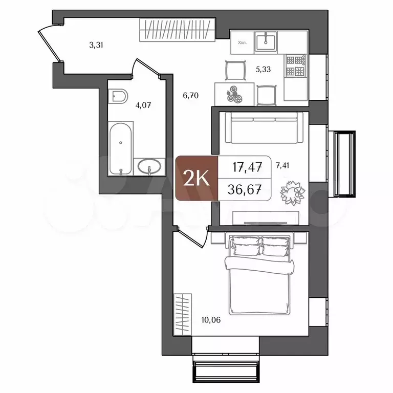2-к. квартира, 36,7 м, 16/21 эт. - Фото 1