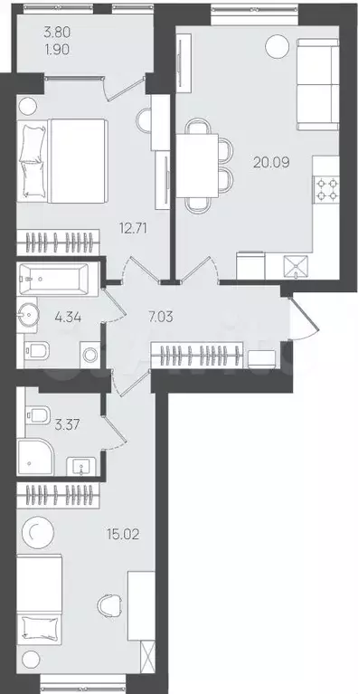 2-к. квартира, 64,5 м, 1/5 эт. - Фото 1