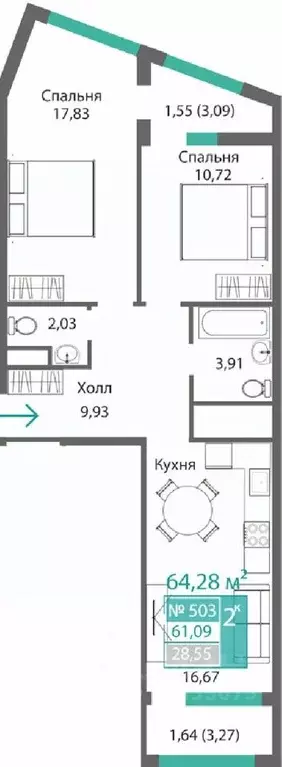 2-к кв. Крым, Симферополь Барбарис жилой комплекс (64.28 м) - Фото 0