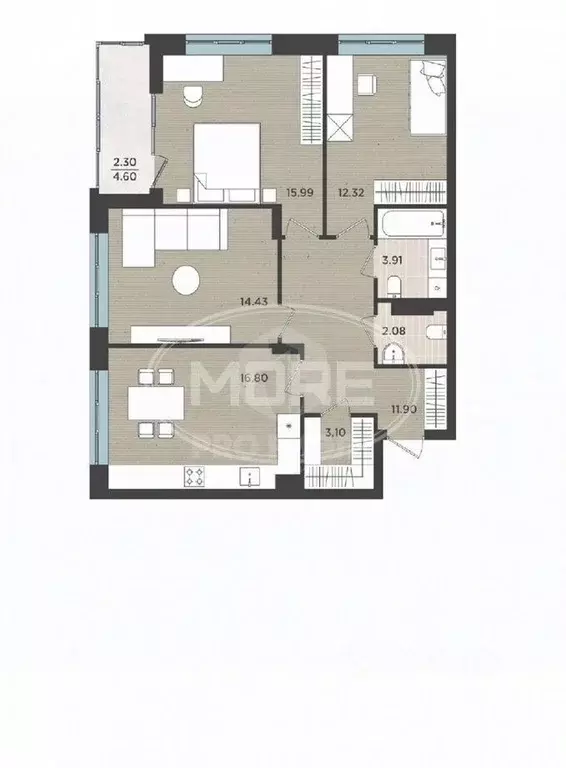 3-к кв. Калининградская область, Калининград Земельная ул., 30 (85.0 ... - Фото 2