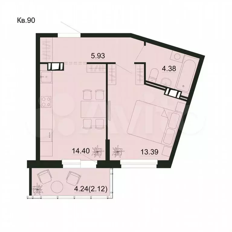 1-к. квартира, 40,2м, 4/5эт. - Фото 0