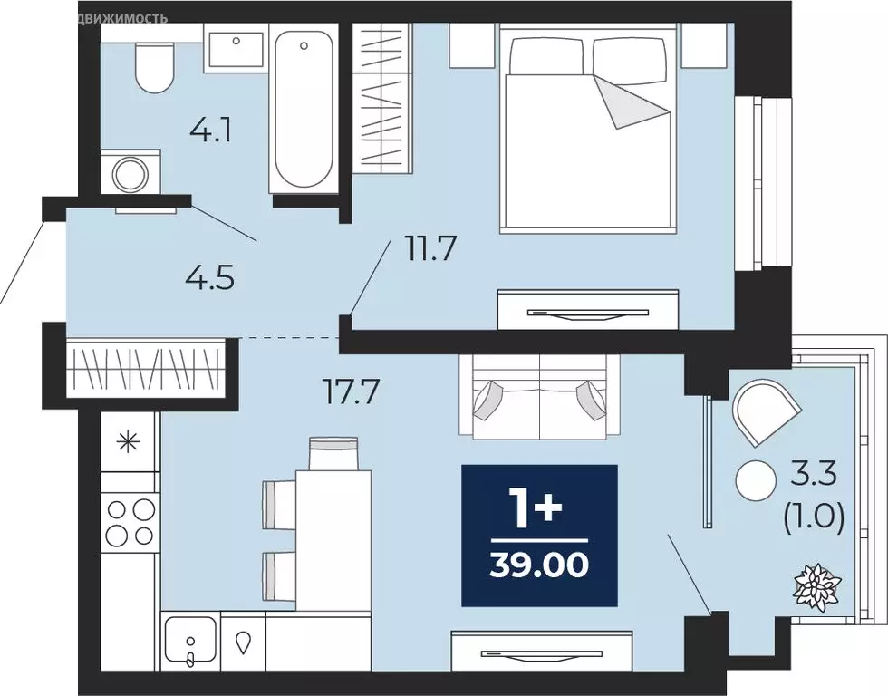 1-комнатная квартира: Тюмень, проезд Капитана Куликова, 7 (41.3 м) - Фото 1