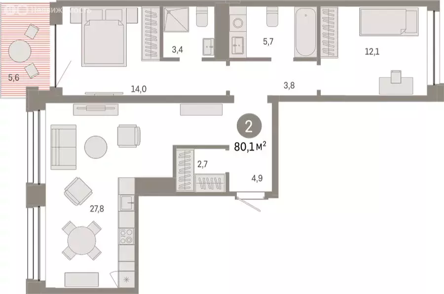 2-комнатная квартира: Тюмень, улица Муравленко, 9/2 (80.08 м) - Фото 1