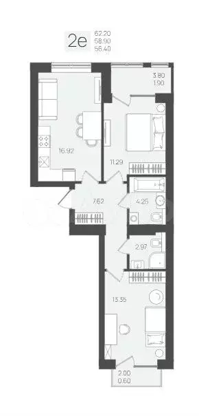 2-к. квартира, 58,3 м, 2/5 эт. - Фото 1