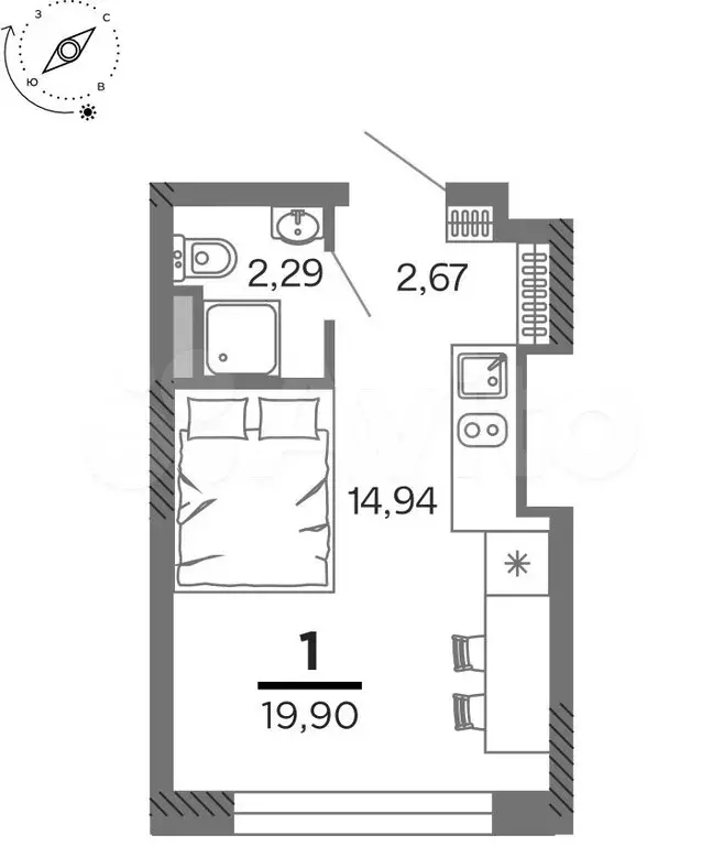 1-к. квартира, 19,9 м, 22/25 эт. - Фото 1