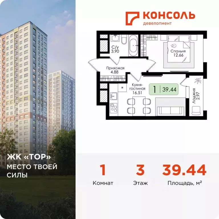 1-к кв. Тульская область, Тула Тор жилой комплекс (39.44 м) - Фото 0