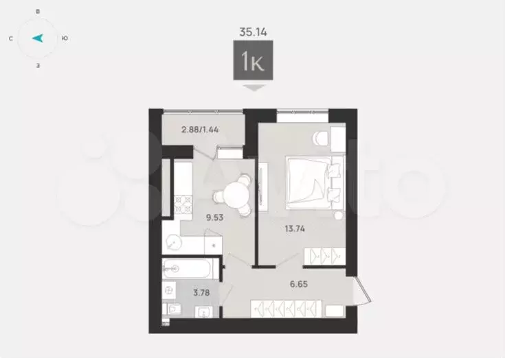 1-к. квартира, 35,1 м, 6/9 эт. - Фото 1