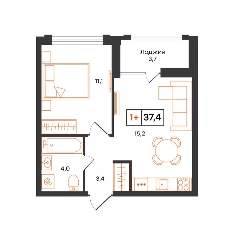 1-комнатная квартира: Тюмень, ЖК UNO (37.4 м) - Фото 0