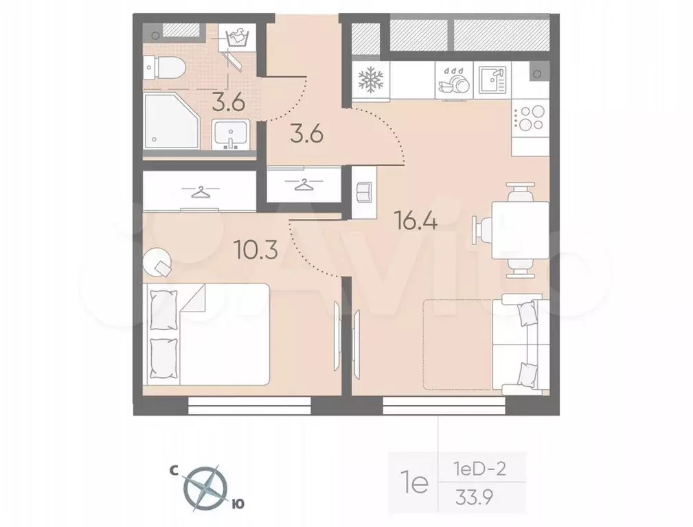 1-к. квартира, 33,9 м, 4/4 эт. - Фото 0