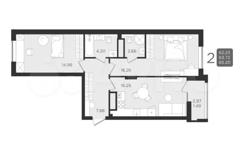 2-к. квартира, 64 м, 6/9 эт. - Фото 1