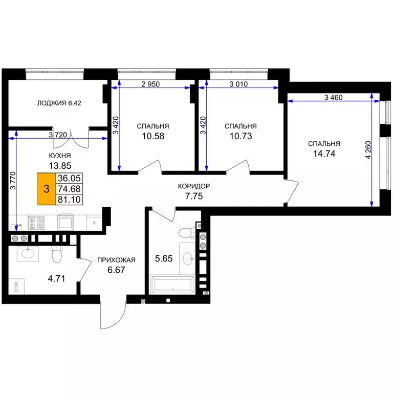 3-к кв. Калининградская область, Гурьевск Включи жилой комплекс (81.1 ... - Фото 1