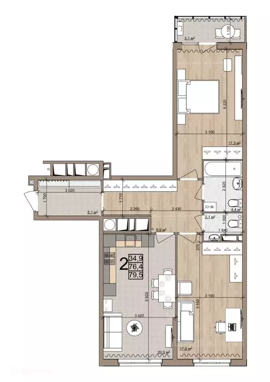 2-к кв. Рязанская область, Рязань Быстрецкая ул., 21к4 (79.5 м) - Фото 1