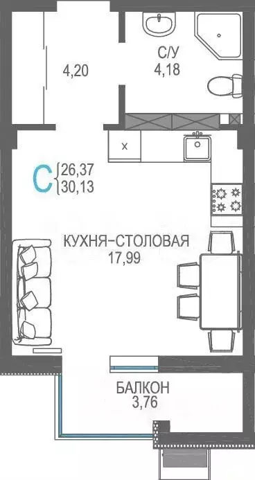 1-к. квартира, 30 м, 4/5 эт. - Фото 0