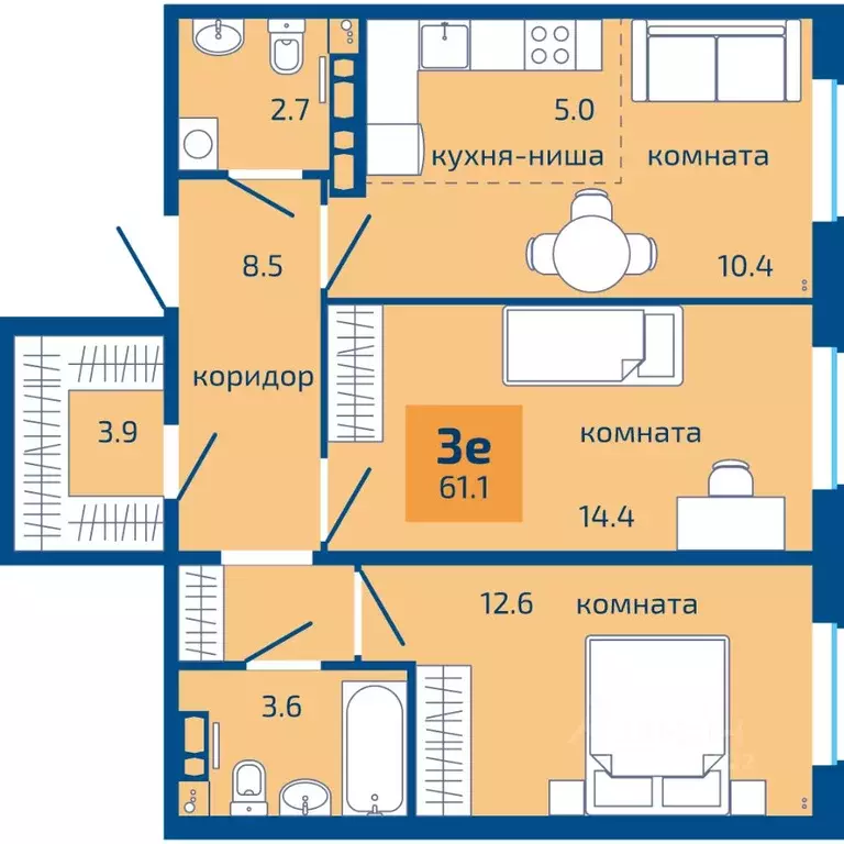 3-к кв. Пермский край, Пермь ул. Старшего Лейтенанта Гачегова, 1 (61.1 ... - Фото 0