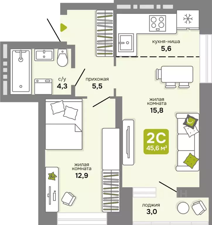 2-к кв. Новосибирская область, Новосибирск ул. Костычева, 17 (45.6 м) - Фото 1