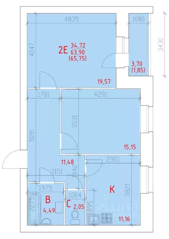 2-к кв. Вологодская область, Череповец 109-й мкр,  (65.75 м) - Фото 0