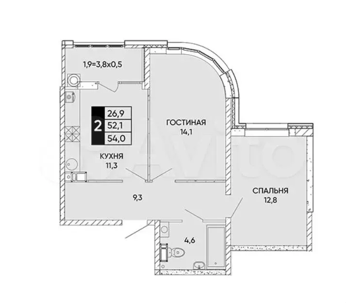 2-к. квартира, 54 м, 14/18 эт. - Фото 0