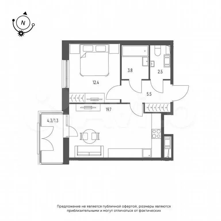 1-к. квартира, 45,2 м, 7/9 эт. - Фото 0