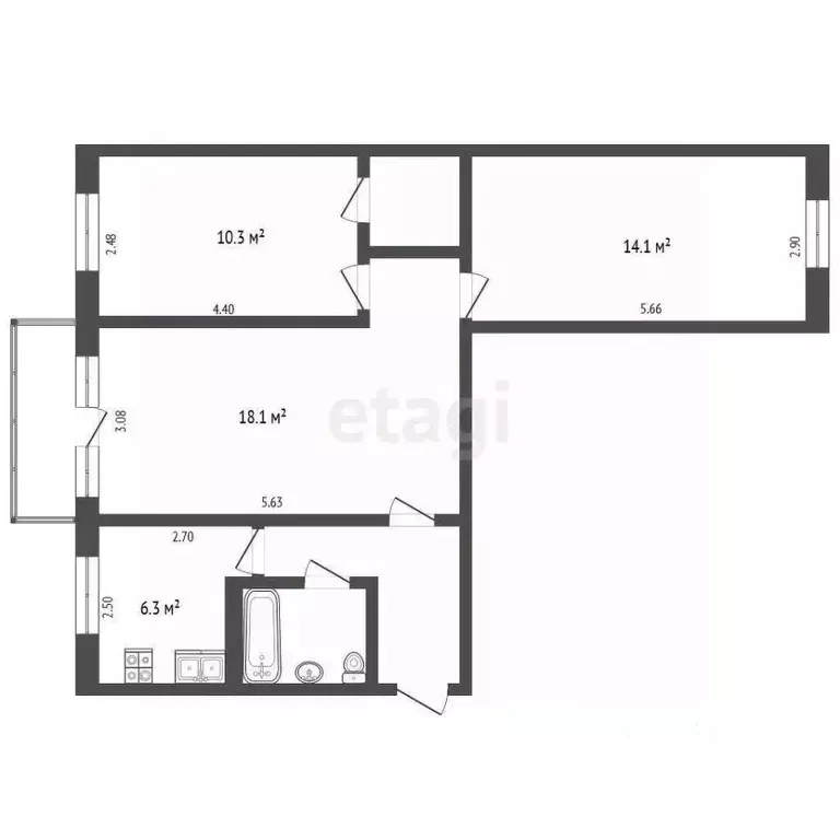 3-к кв. Томская область, Томск ул. Ивана Черных, 107/2 (58.6 м) - Фото 2