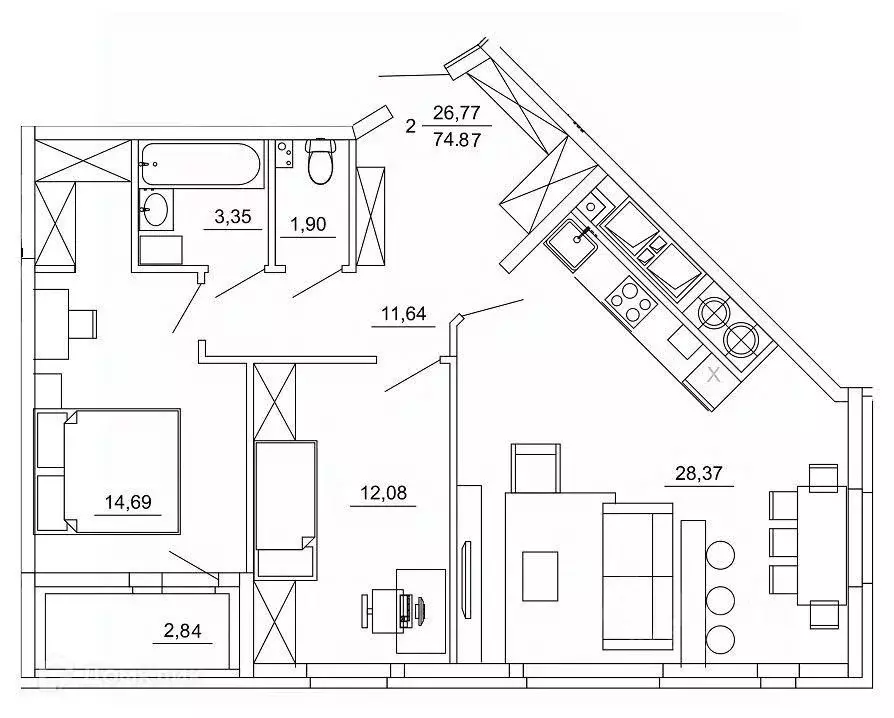 2-к кв. Рязанская область, Рязань ул. Земнухова (74.87 м) - Фото 1
