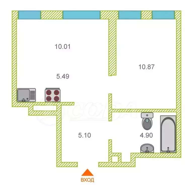 1-комнатная квартира: Тюмень, улица Новосёлов, 96 (36.1 м) - Фото 1
