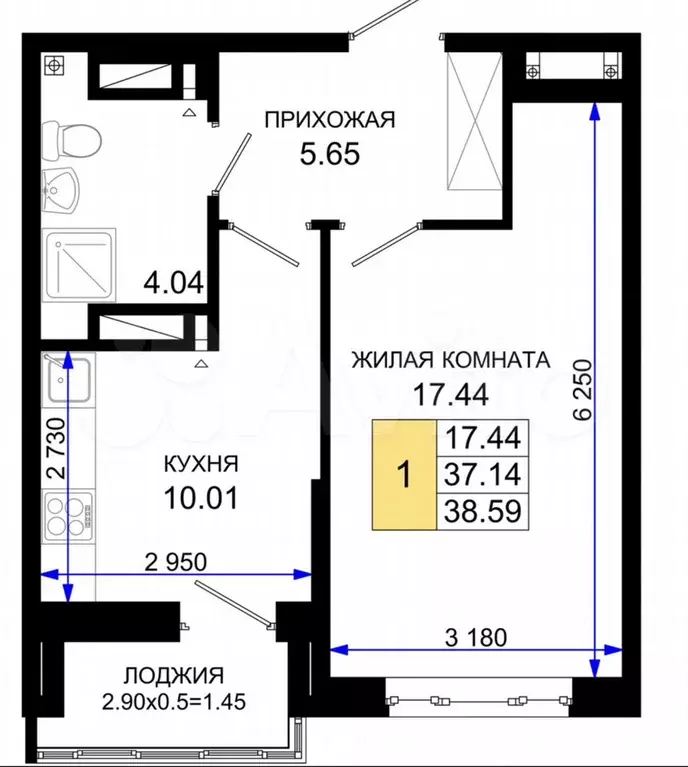 1-к. квартира, 38,6 м, 16/25 эт. - Фото 1