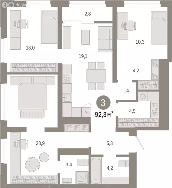 3-комнатная квартира: Новосибирск, Большевистская улица, с49 (92.34 м) - Фото 1